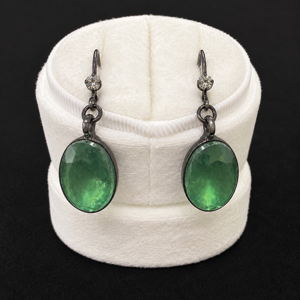 Vtg Gunmetal Green Glass Oval Drop Earrings Leverback Dangle Crystal Accent